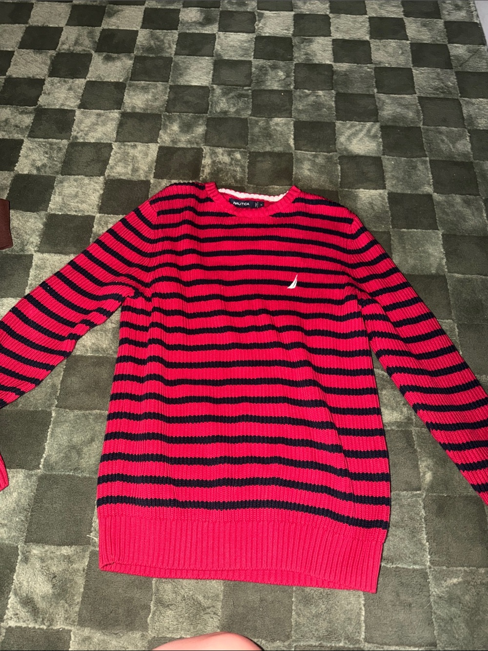 Nautica Red and Black Striped Crewneck Sweater